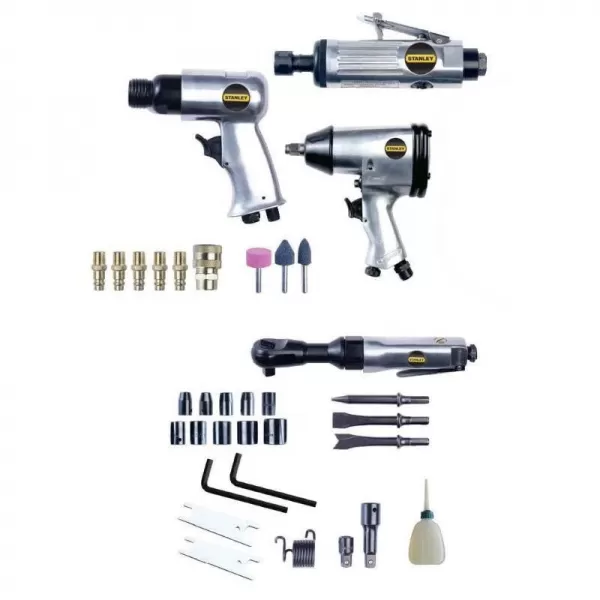 Sada pneu nářadí - 1/2" utahovák, ráčna, kladivo, přímá bruska Stanley 8221074STN